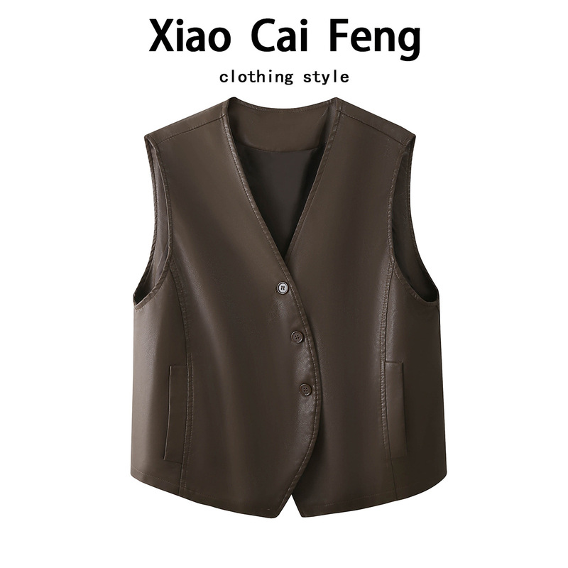 Vintage Pu Leather Vest Spring and Autumn Leather Jacket Versatile Layering Short Sleeveless Vest Jacket Trendy