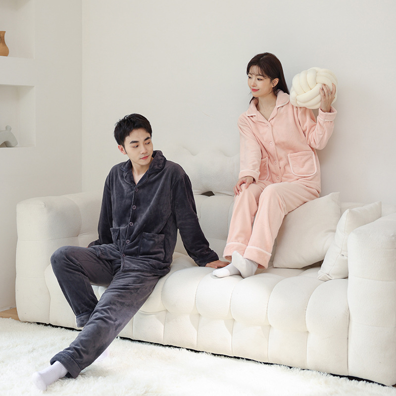 커플 플란넬 홈웨어 여성 가을, 겨울 옷깃 가디건 남성 잠옷 산호 벨벳 두꺼운 양복 제조 업체 준비 재고