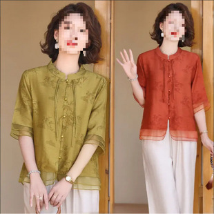 Mom's Summer Clothes 2025 New Suit Women's Middle-Aged and Elderly Chinese Style Shirt Summer Lady Print New Chinese Style Top