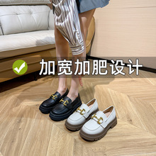 3568-7胖MM加肥加宽小皮鞋2024春季新款单鞋H扣乐福鞋