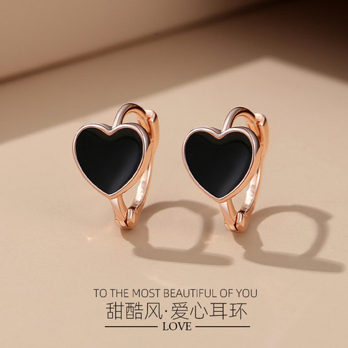 Chinese Valentine's Day gift black love ear button for women S925 silver Korean version sweet and cool heart-shaped earrings for women high-end earrings