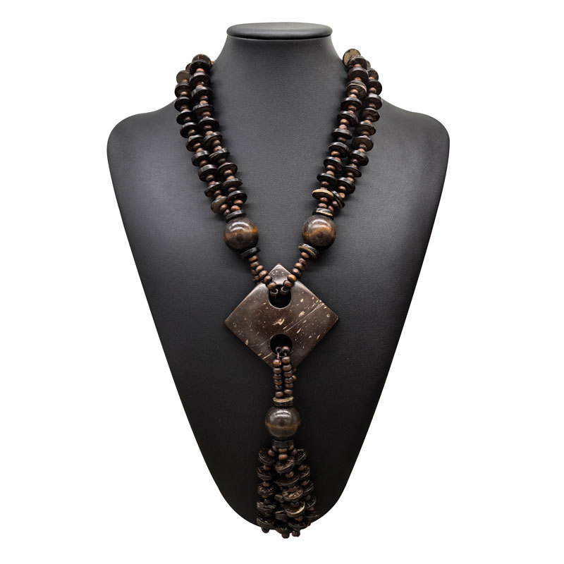 Cross-border Retro Ethnic Long brown Square Coconut Shell Beaded Y-shaped Necklace Women's necklace