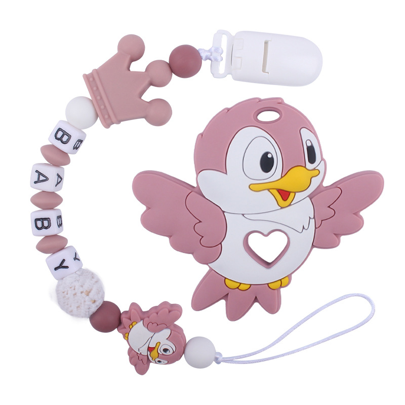 Nuevos suministros para bebés de dibujos animados animal pájaro mordedor calmante bebé chupete de silicona cadena teether traje de juguete