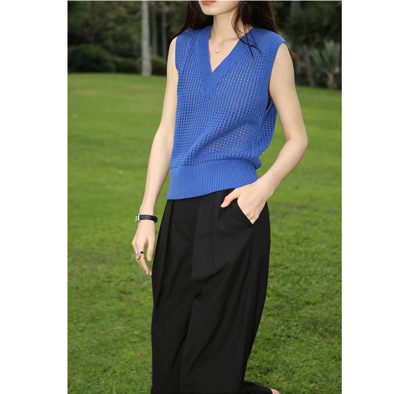 Summer New Stylish Versatile V-Neck Sleeveless Multi-Color Hollow Knit Vest Cotton Slim Comfortable Skin-Friendly Women's Vest