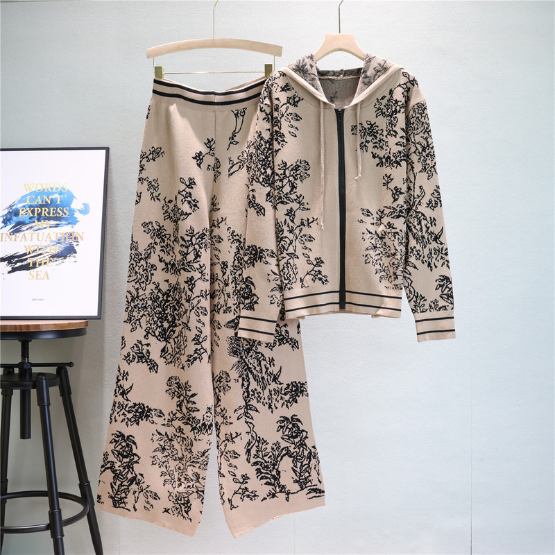Cross-Border European Casual Sports Age-Reducing Fashion Set for Women, Autumn and Winter Hooded Knitted Sweater and Wide-Leg Pants Two-Piece Set Cross-Border European Casual Sports Age-Reducing Fashion Set for Women, Autumn and Winter Hooded Knitted Sweater and Wide-Leg Pants Two-Piece Set