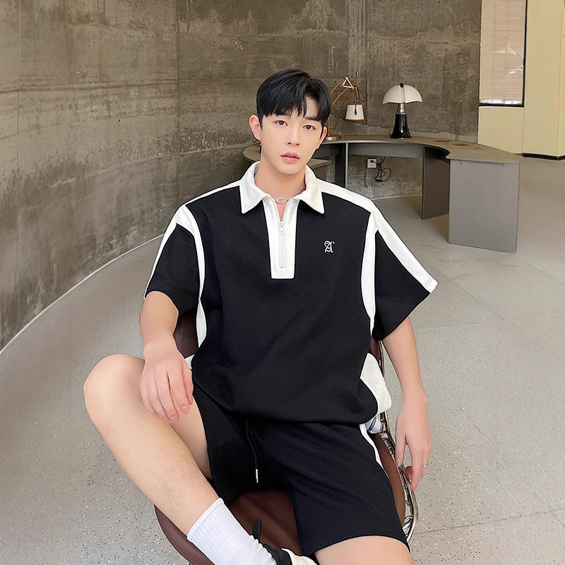 Summer Ins Trendy Brand Casual Sports Suit Men's Polo Shirt T-Shirt Contrasting Color Top Korean Style Matching Shorts Two-Piece Set