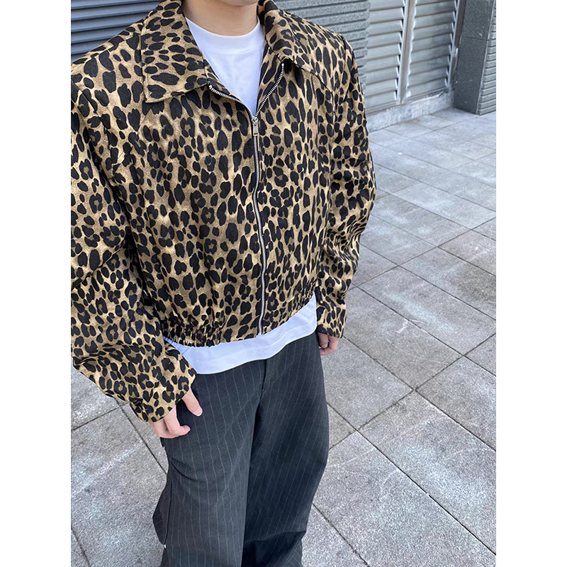 Washed Leopard Print Denim Jacket Men's Spring and Autumn New Niche Design Sense Loose Casual Handsome Short Shoulder Pad Jacket