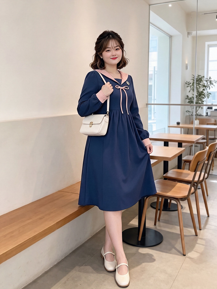 60-160kg Plus Size Women's Navy Collar Dress for Spring and Autumn, College Style Long-Sleeve Dress for Slightly Chubby Girls