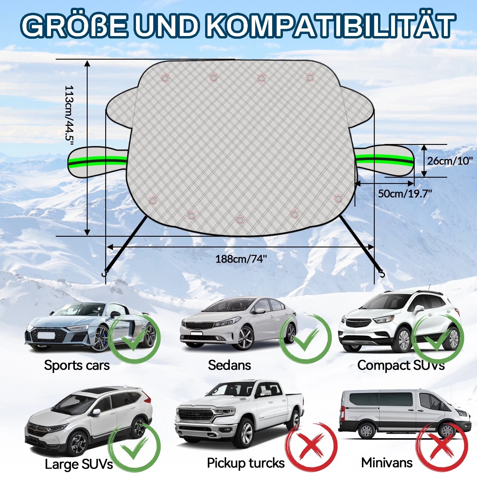 Car snow shield thickened front windshield snow cover antifreeze black five-layer cotton magnetic snow shield with windproof hook