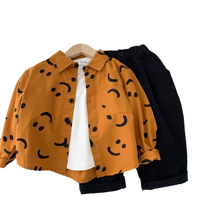Nuevas camisas de manga larga para niños tendencia sonriente camisa de primavera y otoño para niños guapo camisa de algodón