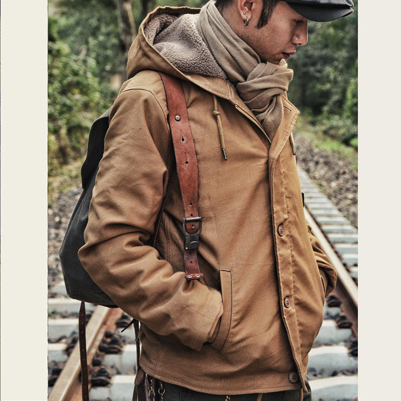 Ropa de trabajo retro de invierno ropa de algodón acolchado al aire libre N1 ropa de cubierta de moda forrada de lana engrosada ropa acolchada de algodón de los hombres abrigo de lana de cordero con capucha