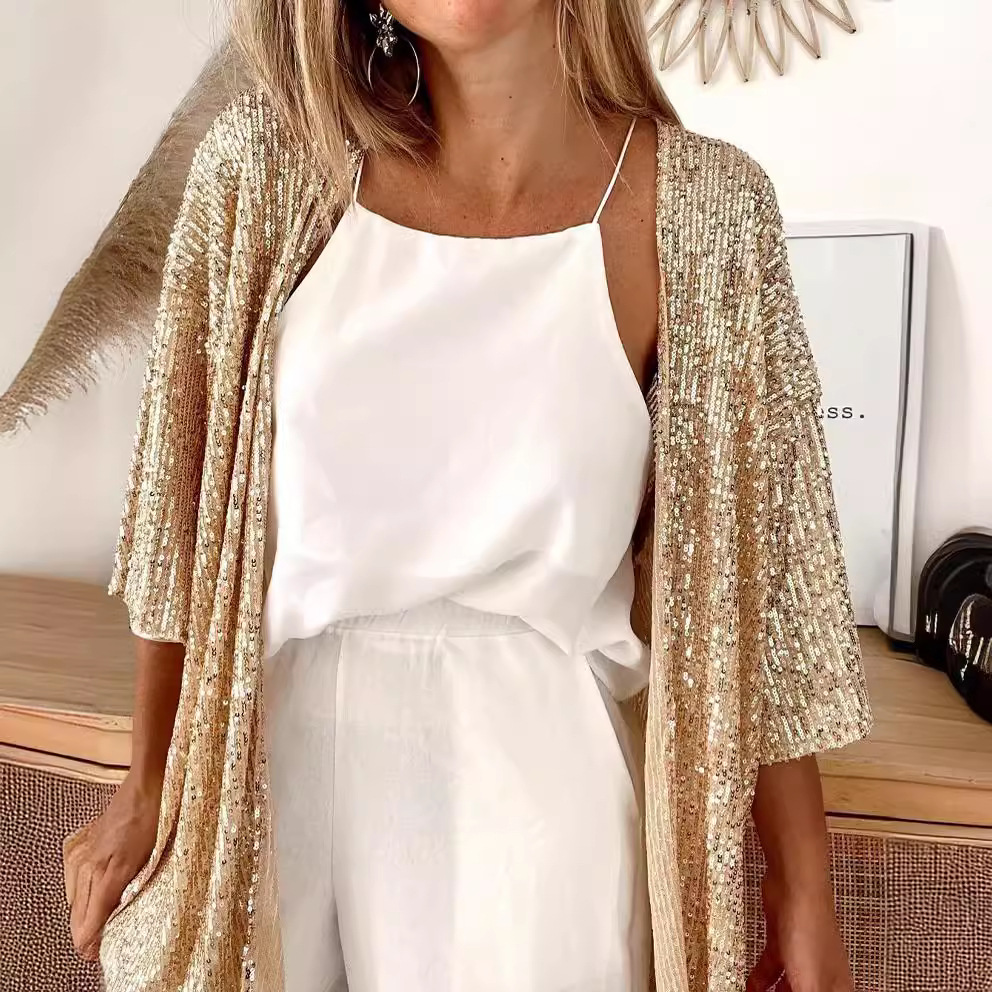 Venta directa desde sitios web independientes, estilo europeo y americano transfronterizo, nuevas blusas y chaquetas holgadas de lentejuelas para mujer, talla grande, otoño 2025.