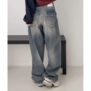 Pocket Design Vintage Old Washed Jeans Loose Wide Leg Pants All-match