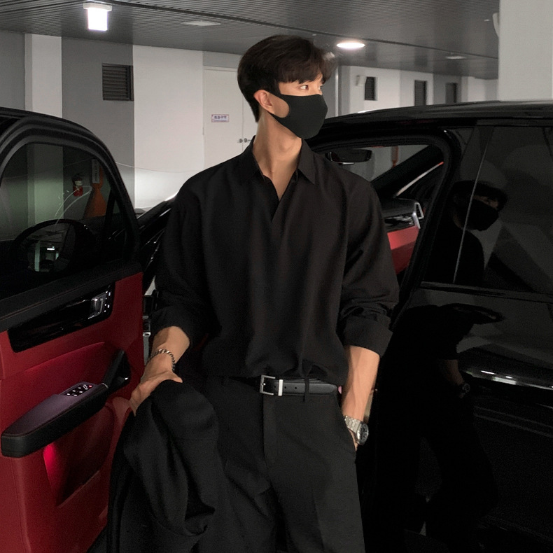 MYQ camisa de manga larga de los hombres de solapa otoño estilo coreano suelta camisa casual superior versátil color sólido camisa casual