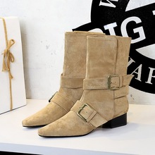 9625-1 Retro Style Cowboy Western Boots Square Head Belt Buckle Thick Heel Versatile Suede Single Boots Short Boots Mid Top Women's Boots