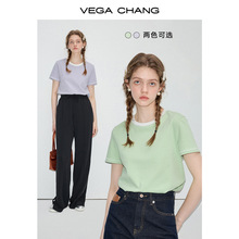 VEGA CHANG短袖T恤女2024年夏季新款小个子简约宽松显瘦拼色上衣