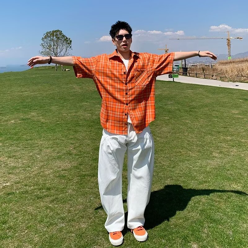 American Style Orange Plaid Shirt Short-sleeved Shirt Men's Summer Loose Dopamine Shirt All-match Casual Shirt Men's Coat