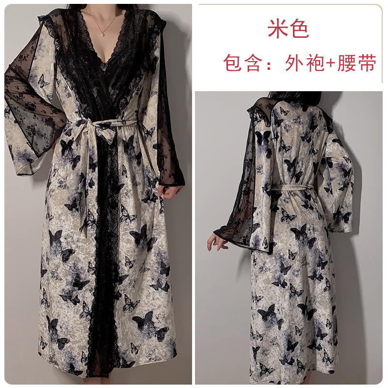 瑰若纯欲慵懒印花睡衣激情深V加胸垫丝绒女睡裙外袍家居套装4827|undefined