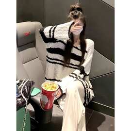 韩系休闲慵懒风软糯条纹毛衣女2023年秋冬新款宽松拼色针织衫上衣