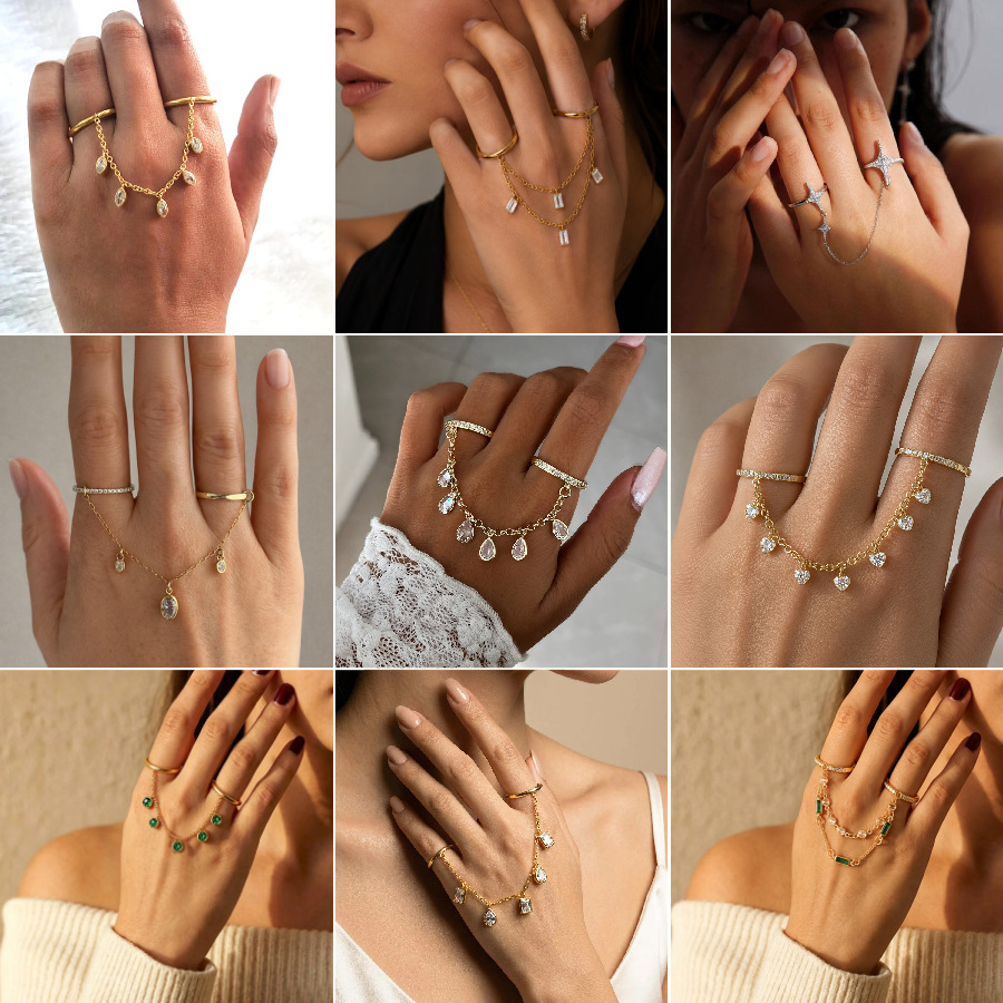 French-style light luxury bracelet ring with multiple diamond pendants, two fingers connected, cross-border bestseller women's diamond ring