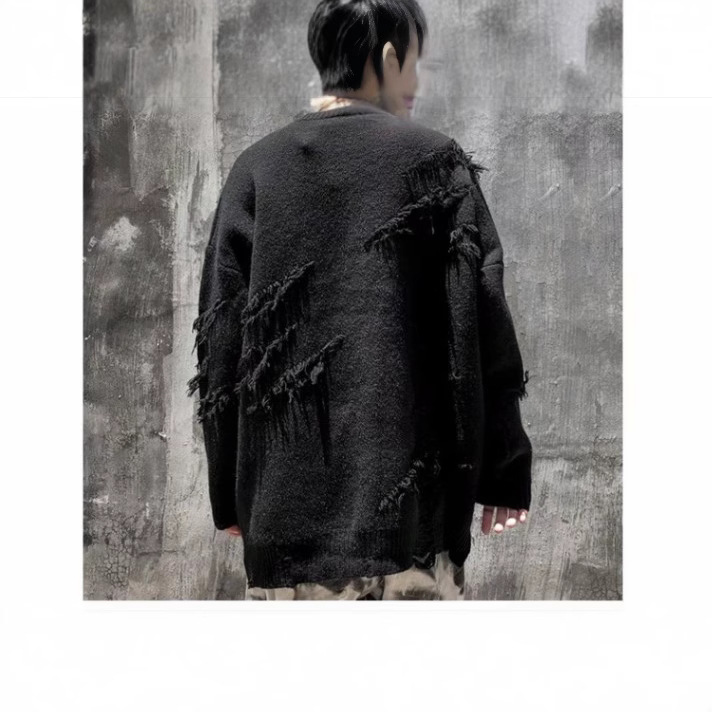 American High Street Design Sense Niche Tassel Knitted Unisex BF Trendy Brand Loose Couple Round Neck Ripped Sweater_voghion.com