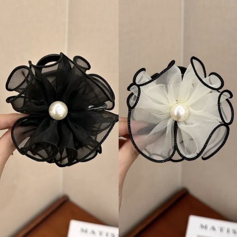 法式小香風歐根紗花朵仿珍珠雙層網紗蝴蝶結髮夾鯊魚夾花苞抓夾