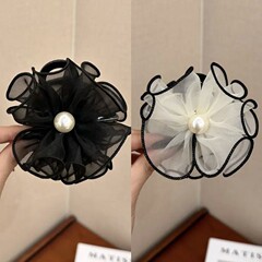 法式小香風歐根紗花朵仿珍珠雙層網紗蝴蝶結髮夾鯊魚夾花苞抓夾