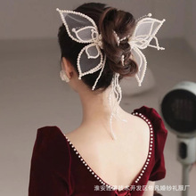 新款新娘蝴蝶結發飾對夾超仙森系婚紗禮服宴會跟妝頭飾品手工串珠