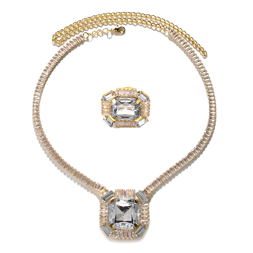 Cross-border nuevo conjunto de joyería de zircon cadena de clavícula cuadrada accesorios de anillo ajustable conjunto de joyería