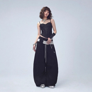 American Street Dance Black Double Waist Sweat Pants Women's Summer New Loose All-match Color Contrast Hip-hop Dancing Pants Women's Trendy