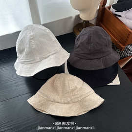 净版简约亚麻渔夫帽子女夏季出游遮阳防晒太阳帽可折叠显脸小盆帽