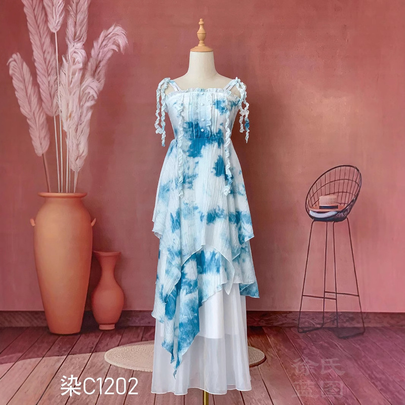 Dali Handmade Tie-Dye Cute Style Dress Summer Casual Vacation Blue Dyed Waist Irregular Suspender Skirt Dali Handmade Tie-Dye Cute Style Dress Summer Casual Vacation Blue Dyed Waist Irregular Suspender Skirt