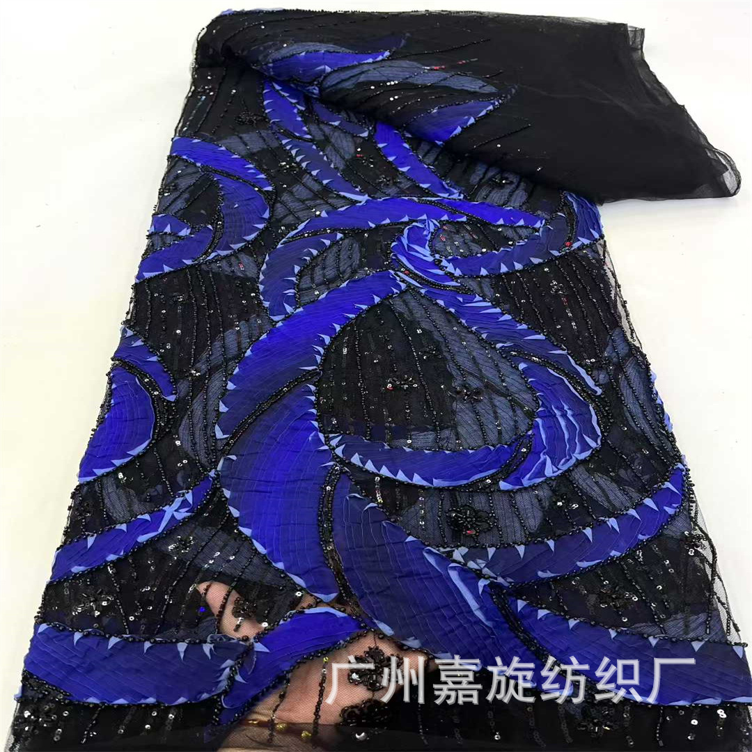Nueva tela de bordado con lentejuelas tridimensionales en degradado morado para trajes de escenario y vestidos de novia.