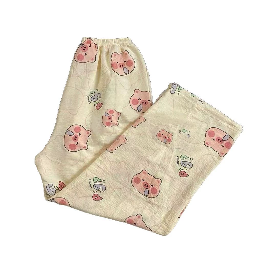 Long thin demi-season leisure trousers, loose fit, elastic waist, cute prints