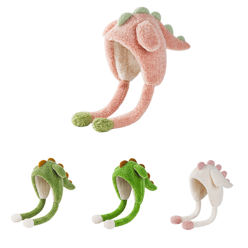 日系可爱卡通套头帽恐龙一体帽子秋冬季加厚毛绒帽保暖护耳帽子女