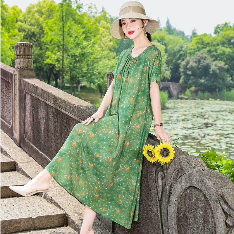 Летнее корейское платье для женщин среднего и старшего возраста из хлопкового шелка, новый свободный размер, праздничный стиль, юбка из искусственного хлопка для мам.