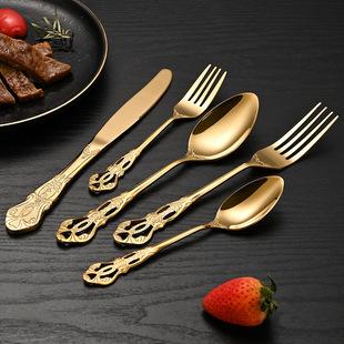 Cross-border Imperial Court Stainless Steel Tableware Knife, Fork and Spoon Five-piece Set Embossed Hollow Retro Light Luxury Hotel Restaurant Steak Knife