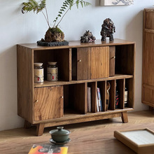 侘寂风榆木实木餐边柜复古做旧可视六格置物柜客厅边柜民宿装饰柜