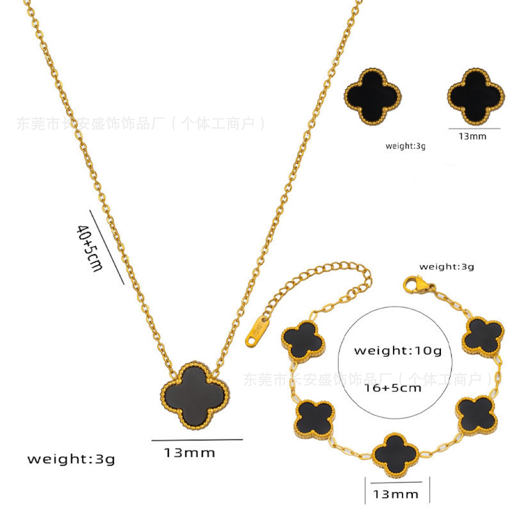 Hot-Selling 13mm Four-Leaf Clover Bracelet Three-Piece Set Necklace Earrings Simple Jewelry Five-Leaf Clover Women's Jewelry 18K Gold