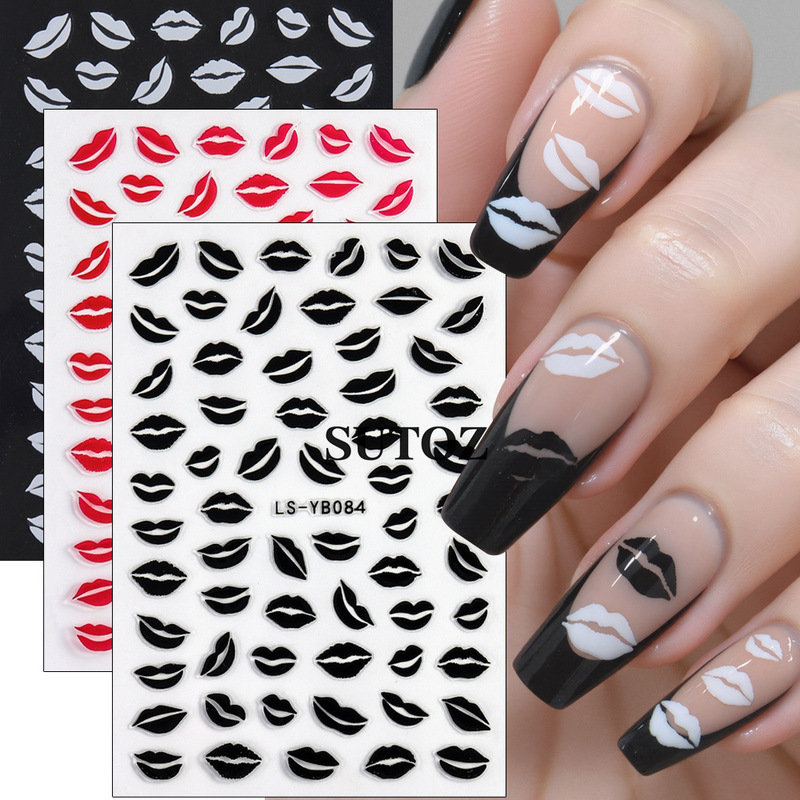 Pinduoduo New Nail Art Stickers Valentine's Day Minimalist Style Warm Black and White Red Lip Print Flat Adhesive Stickers Pinduoduo New Nail Art Stickers Valentine's Day Minimalist Style Warm Black and White Red Lip Print Flat Adhesive Stickers