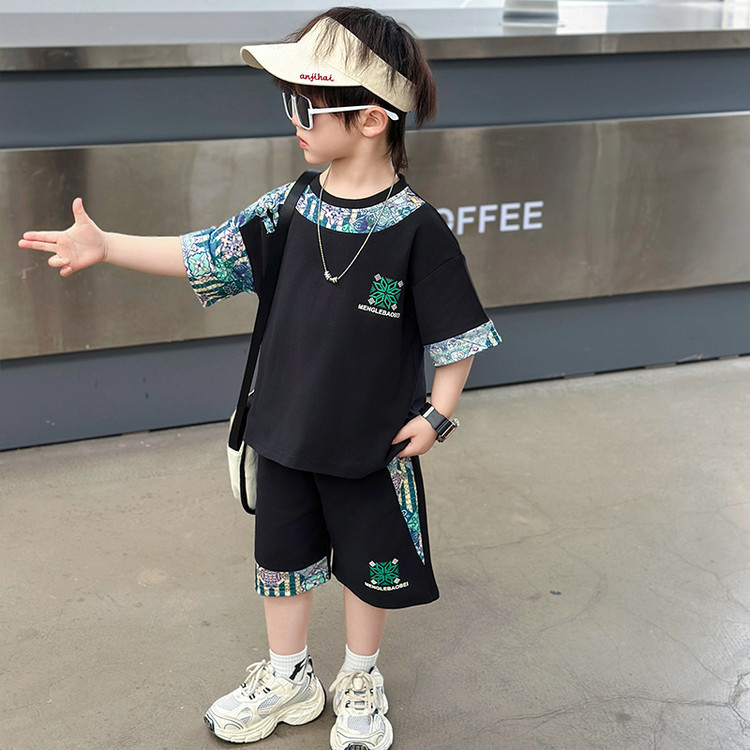 8083 Traje de manga corta de verano para niños 2025 Nuevo vestido de verano para niños Traje de dos piezas de verano para bebés de moda de estilo chino