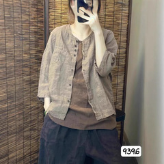 2025年夏の新型純亜麻丸襟七分袖シャツ文芸カジュアル純色単列ボタン女性式カーディガン
