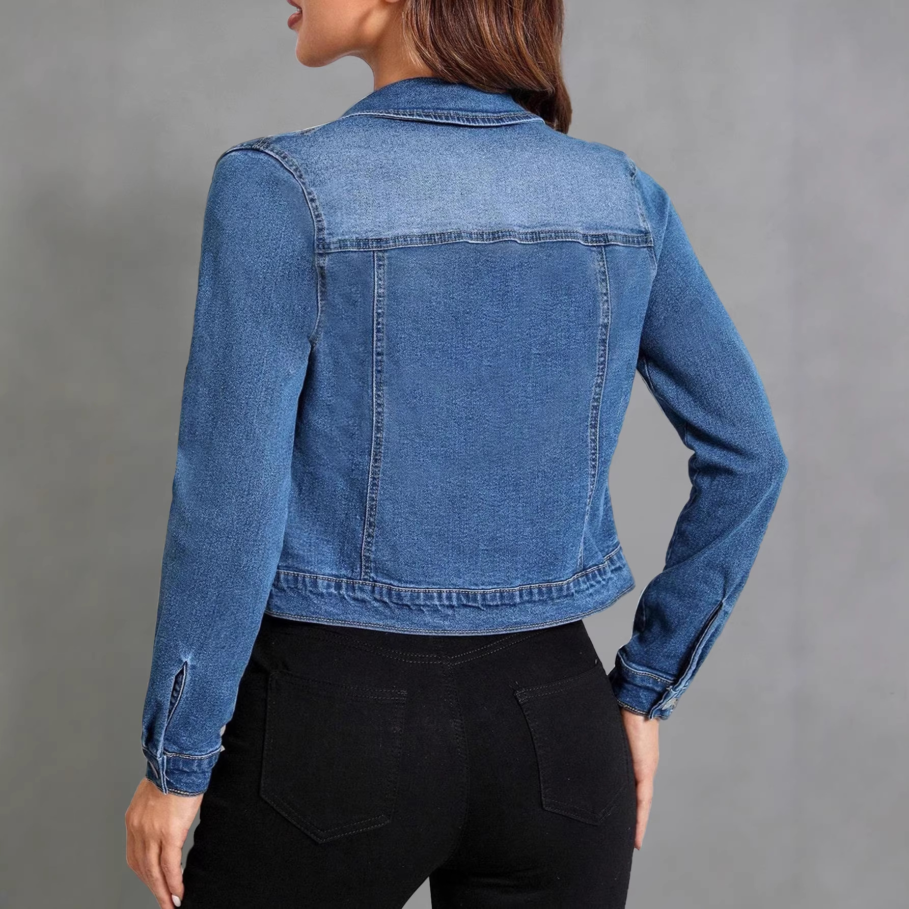 Women's Clothing Retro Washed Denim Jacket Long Sleeve Slim Waist Short Style_voghion.com