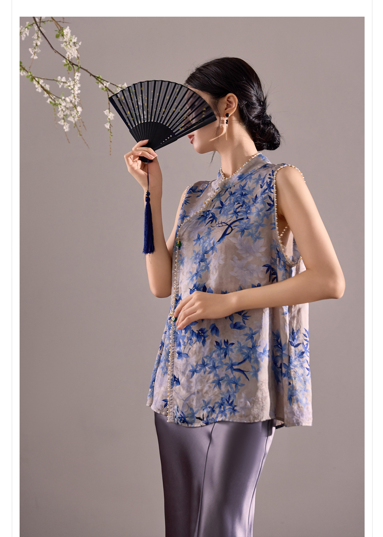 Áo vest gile nữ cổ đứng không tay phong cách cổ điển Trung Hoa, đính chuỗi hạt, mùa hè M8035 — màu xanh chi tiết 12