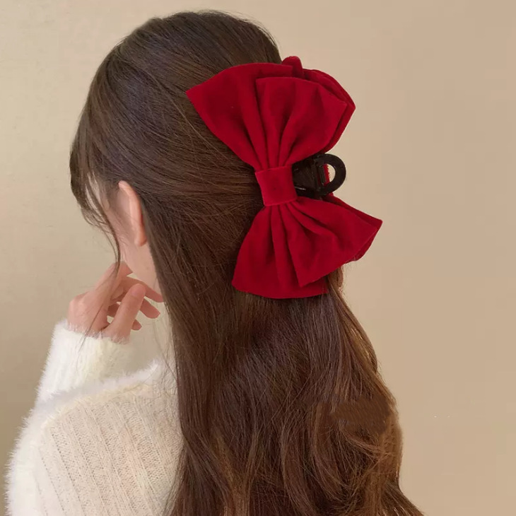 Wine red velvet double large bow grip clip