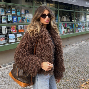 Za Aliexpress Hot Cross-Border Export European and American Style Women's Fur Warm Curly Brown Outwear Jacket