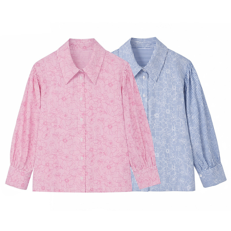 Pb&Za Wholesale New Summer Products Women's Casual Collared Over-Elbow Sleeve Striped Floral Print Shirt 3564076