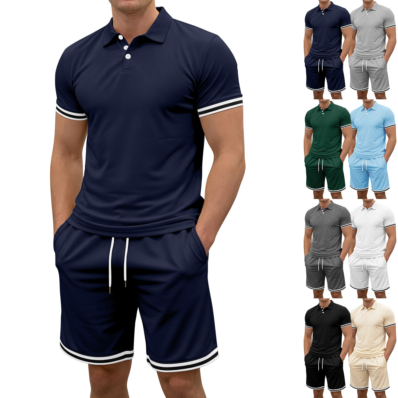 2025 cross-border Amazon summer European and American lapel button short sleeve and drawstring shorts two-piece sports casual men's