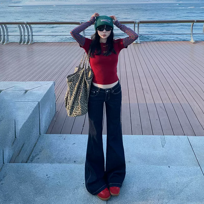 复古原色微喇牛仔裤女春秋新款低腰垂感不贴腿辣妹显瘦拖地直筒裤