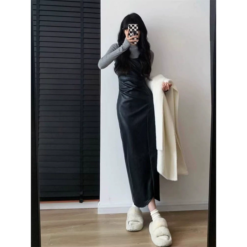 Кожаная юбка подтяжка 2023 новое нижнее платье женское весеннее и осеннее пальто с талией темперамент длинная юбка чувствует волосы